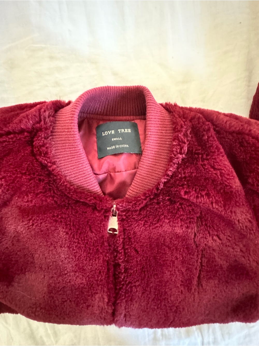 Love Tree Plush Teddy Bomber Jacket in Deep Berry